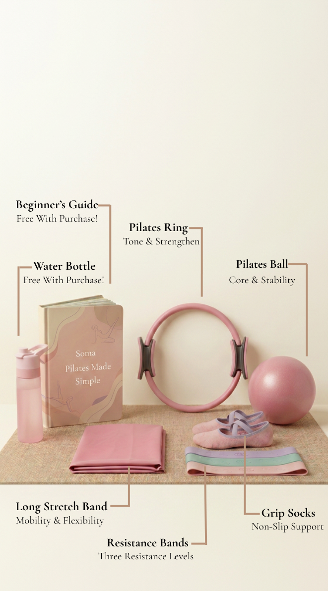 Soma Pilates Essentials Kit with digital guide, water bottle, ring, ball, and bands